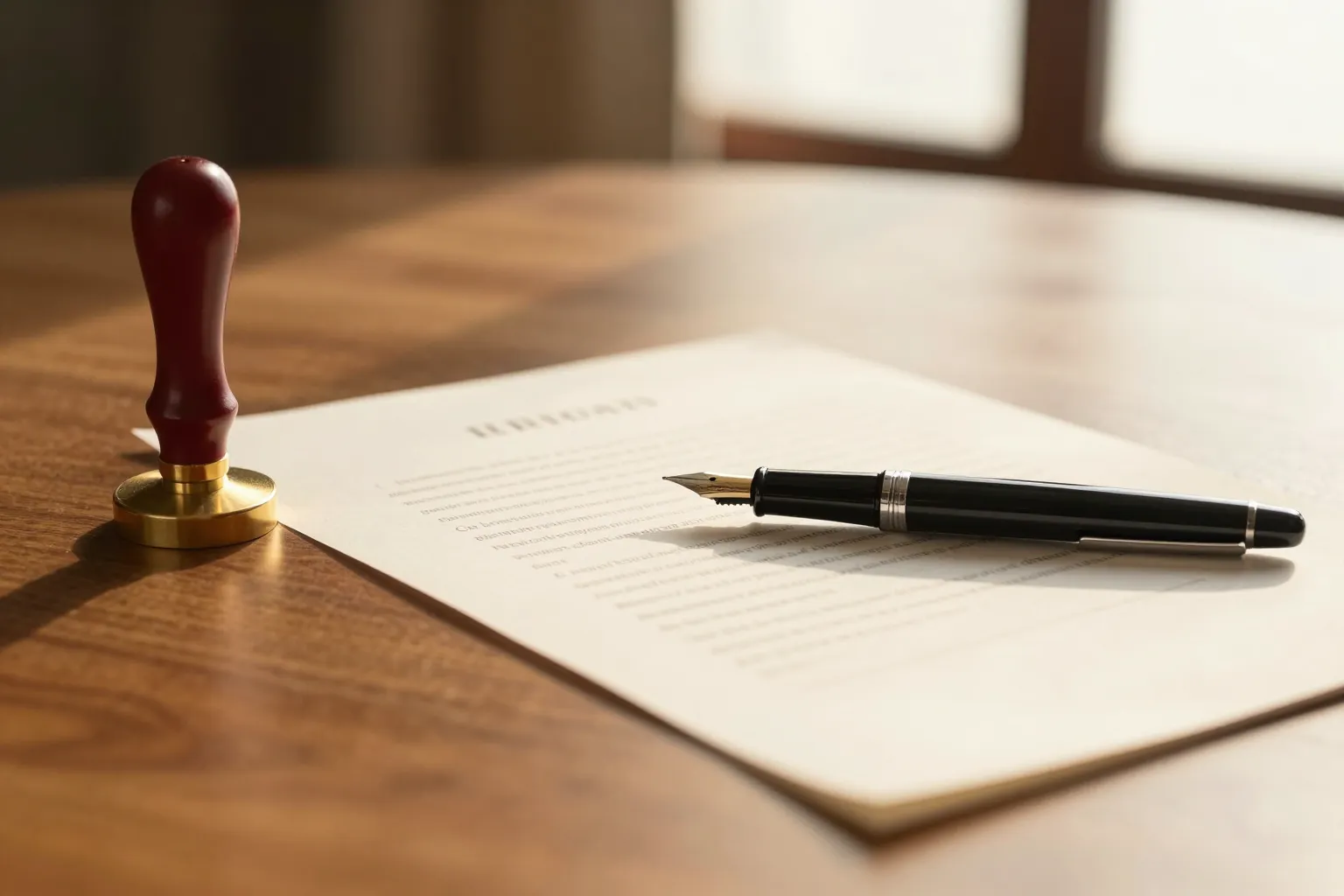 Notary seal, pen and document on a warm wooden desk